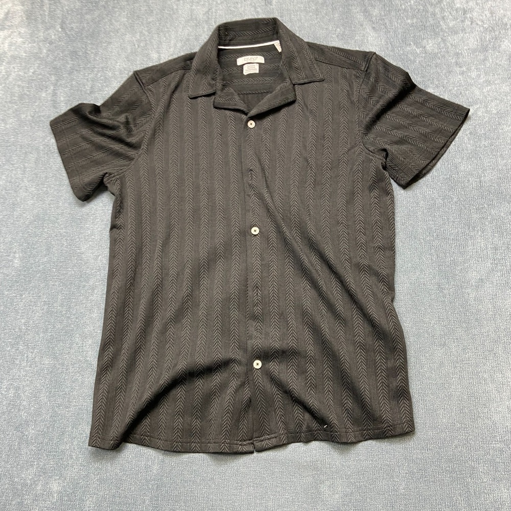 Bruno Milano Shirt Mens Medium Black Textured Herringbone Short Sleeve Button Up